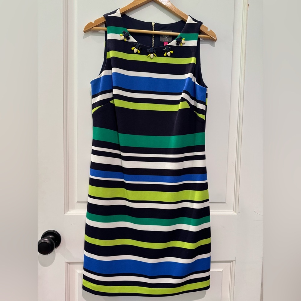 Vince Camuto size 8 striped dress with embellished neckline